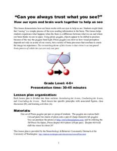 “Can you always trust what you see?” How our eyes and brain work together to help us see This lesson demonstrates how our brain works with our eyes to help us see. Students might think that “seeing” is a simple p