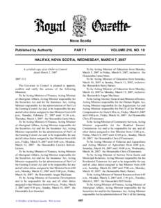 Nova Scotia Published by Authority PART 1  VOLUME 216, NO. 10