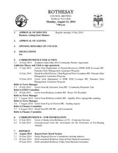 ROTHESAY COUNCIL MEETING Rothesay Town Hall Monday, August 11, 2014 7:00 p.m.