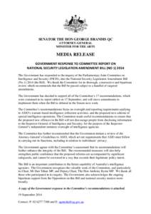 SENATOR THE HON GEORGE BRANDIS QC ATTORNEY-GENERAL MINISTER FOR THE ARTS MEDIA RELEASE GOVERNMENT RESPONSE TO COMMITTEE REPORT ON