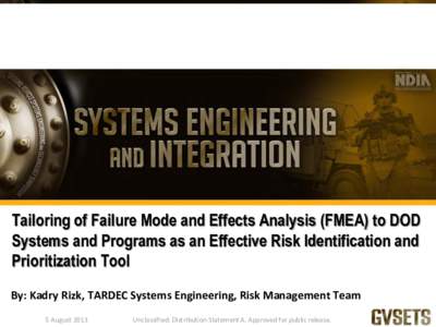 Tailoring of Failure Mode and Effects Analysis (FMEA) to DOD Systems and Programs as an Effective Risk Identification and Prioritization Tool By: Kadry Rizk, TARDEC Systems Engineering, Risk Management Team 5 August 2013