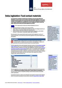 Swiss legislation: Food contact materials If you export food or materials and articles that are intended to come into contact with food to Switzerland, you have to make sure your products comply with the Swiss legislatio