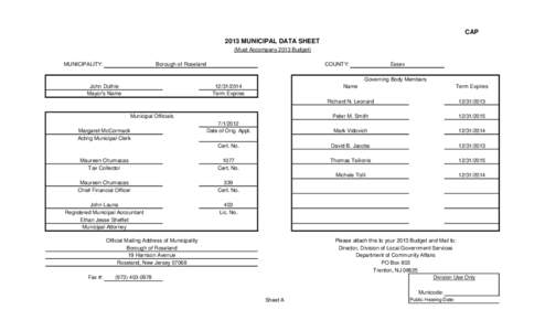 CAP 2013 MUNICIPAL DATA SHEET (Must Accompany 2013 Budget) MUNICIPALITY:  Borough of Roseland