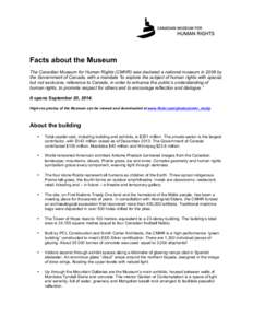   	
   Facts about the Museum The Canadian Museum for Human Rights (CMHR) was declared a national museum in 2008 by the Government of Canada, with a mandate “to explore the subject of human rights with special,