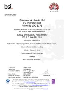 Auditor Number: BRC Site Code: Parmalat Australia Ltd 842 Wellington Road
