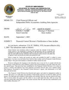 STATE OF NEW MEXICO  DEPARTMENT OF FINANCE AND ADMINISTRATION FINANCIAL CONTROL DIVISION/CONTROLLER’S OFFICE Bataan Memorial Building, Suite 166 z Santa Fe, New Mexico[removed]3681