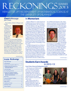 RECKONINGS  Newsletter of the Department of Mathematical Sciences at the University of Delaware Chair’s Message John A. Pelesko