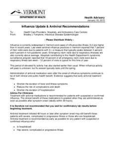 Vermont Health Advisory: Influenza Update & Antiviral Recommendations