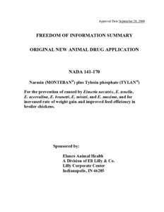 Approval Date:September 20, 2000  FREEDOM OF INFORMATION SUMMARY ORIGINAL NEW ANIMAL DRUG APPLICATION  NADA[removed]