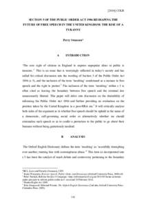 [2014] COLR SECTION 5 OF THE PUBLIC ORDER ACT 1986 RESHAPING THE FUTURE OF FREE SPEECH IN THE UNITED KINGDOM: THE RISE OF A TYRANNY Perry Swanson*