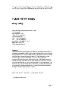 Aiking, H., Future Protein Supply, Trends in Food Science & Technology120 (original manuscript), doi:j.tifsFuture Protein Supply Harry Aiking*