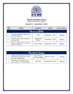 Vikram Sarabhai Library IIMA Weekly News Digest (August 31 – September 6, 2015) SR. NO.