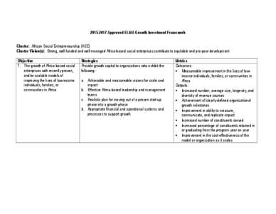 Approved ELMA Growth Investment Framework Cluster: African Social Entrepreneurship (ASE) Cluster Vision(s): Strong, well-funded and well-managed Africa-based social enterprises contribute to equitable and pro-p