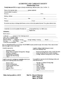 AZ DRIVING AND CARRIAGE SOCIETY Membership Form Yearly dues are $25 for single or family membership. Member year is Jan.1 to Dec. 31. Form is for member year_________________(please indicate) PLEASE PRINT CLEARLY Name(s)