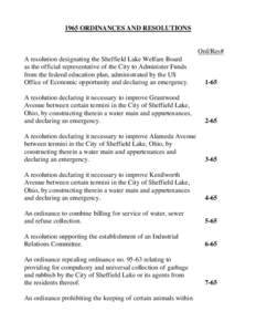 1965 ORDINANCES AND RESOLUTIONS  Ord/Res# A resolution designating the Sheffield Lake Welfare Board as the official representative of the City to Administer Funds from the federal education plan, administrated by the US