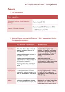 The European Union and Roma – Country Factsheet  Greece 1. Key Information Roma population Estimate in National Roma Integration