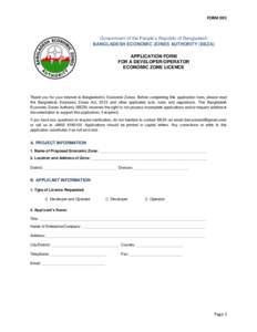 FORM 001  Government of the People’s Republic of Bangladesh BANGLADESH ECONOMIC ZONES AUTHORITY (BEZA) APPLICATION FORM FOR A DEVELOPER/OPERATOR