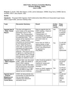 OGIC Policy Advisory Committee Meeting Revenue Building - Salem June 4, 2003 Present: Cy Smith, DAS; Bob Swank, LCOG; Janine Salwasser, OWEB; Doug Terra, OWEB; Dennis Scofield, ODOT; Gary Gipson, OED Scribe:
