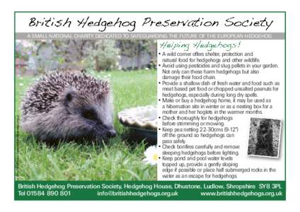 A SMALL NATIONAL CHARITY DEDICATED TO SAFEGUARDING THE FUTURE OF THE EUROPEAN HEDGEHOG  . A wild corner offers shelter, protection and food for hedgehogs and other wildlife. . natural Avoid using pesticides and slug pell