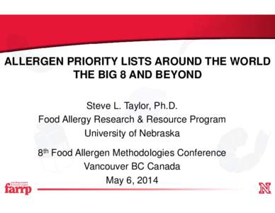 ALLERGEN PRIORITY LISTS AROUND THE WORLD THE BIG 8 AND BEYOND Steve L. Taylor, Ph.D. Food Allergy Research & Resource Program University of Nebraska 8th Food Allergen Methodologies Conference