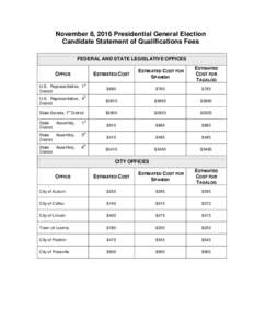 November 8, 2016 Presidential General Election Candidate Statement of Qualifications Fees FEDERAL AND STATE LEGISLATIVE OFFICES ESTIMATED COST  ESTIMATED COST FOR
