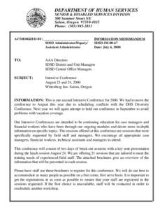 DEPARTMENT OF HUMAN SERVICES SENIOR & DISABLED SERVICES DIVISION 500 Summer Street NE Salem, Oregon[removed]Phone: ([removed]