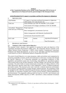 ANNEX 1 of the Commission Decision on the Annual Action Programme 2014 in favour of Afghanistan to be financed from the general budget of the European Union Action Document for EU support to Agriculture and Rural Develop