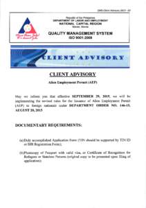 QMS Client AdvisoryRepublic of the Philippines DEPARTMENT OF LABOR AND EMPLOYMENT  NATIONAL CAPITAL REGION