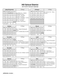 Hill School District[removed]School Calendar 24 Days August/September M