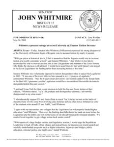 SENATOR  JOHN WHITMIRE DISTRICT 15  NEWS RELEASE