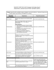 ENERGY STAR® 2014–2015 Emerging Technology Award Requirements: Demand Control Kitchen Ventilation (DCKV) Scope: Demand control ventilation systems installed in commercial kitchens. Individual components of a DCKV syst