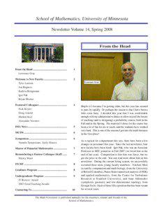 School of Mathematics, University of Minnesota Newsletter Volume 14, Spring 2008