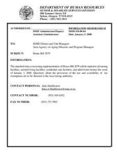 DEPARTMENT OF HUMAN RESOURCES SENIOR & DISABLED SERVICES DIVISION 500 Summer Street NE Salem, Oregon[removed]Phone: ([removed]