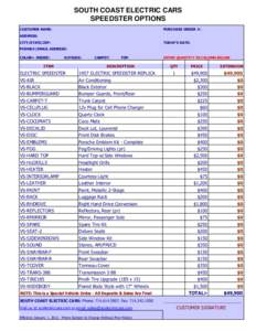 SOUTH COAST ELECTRIC CARS SPEEDSTER OPTIONS CUSTOMER NAME: PURCHASE ORDER #: