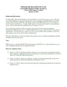 Minimum Sign Retroreflectivity Levels Unscientific Results of Follow up Survey Urban Traffic Engineers Council January 14, 2010  Background information: