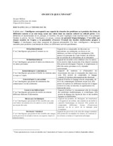 ON EST CE QUE L’ON FAIT1 Jacques Belleau Adjoint au Directeur des études Cégep de Lévis-Lauzon BREF RAPPEL DE LA THÉORIE DES IM. Il définit ainsi : l’intelligence correspond à une capacité de résoudre des pro