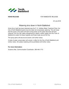 NEWS RELEASE  FOR IMMEDIATE RELEASE 25 JulyWatering shut down in North Battleford
