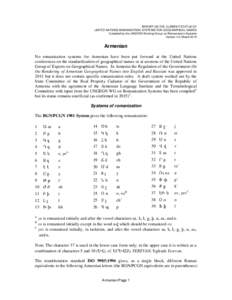 REPORT ON THE CURRENT STATUS OF UNITED NATIONS ROMANIZATION SYSTEMS FOR GEOGRAPHICAL NAMES Compiled by the UNGEGN Working Group on Romanization Systems Version 4.0, MarchArmenian