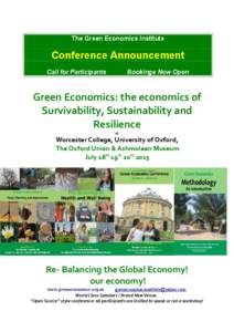 The Green Economics Institute  Conference Announcement Call for Participants  Bookings Now Open