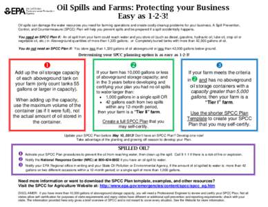 Oil Spills and Farms: Protecting your Business Easy as 1-2-3! Oil spills can damage the water resources you need for farming operations and create costly cleanup problems for your business. A Spill Prevention, Control, a