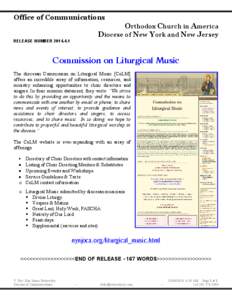 Office of Communications  Orthodox Church in America Diocese of New York and New Jersey RELEASE NUMBER[removed]