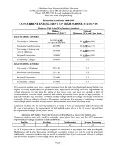 Oklahoma State Regents for Higher Education 655 Research Parkway, Suite 200, Oklahoma City, Oklahoma[removed]Phone: [removed]; E-mail: [removed] Web Site: www.okhighered.org  Admission Standards[removed]