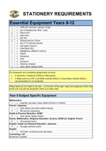 STATIONERY REQUIREMENTS Essential Equipment Years