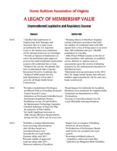 Home Builders Association of Virginia  A LEGACY OF MEMBERSHIP VALUE Unprecedented Legislative and Regulatory Success PASSED