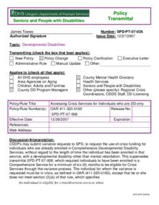 Policy Transmittal Seniors and People with Disabilities James Toews Authorized Signature