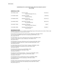 BA[removed]ADMINISTRATIVE ACTION MINUTES BY THE STATE BUDGET AGENCY June 30, 2000  ADDITIONAL FUNDS