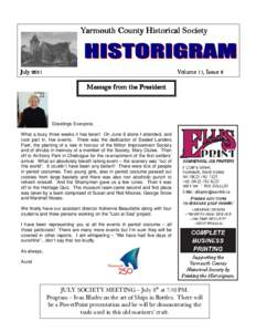 Yarmouth County County Historical Society July[removed]Volume 11, Issue 6