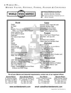 A W ORLD OF... METRIC VALVES , FITTINGS , TUBING, FLANGES & C OUPLINGS International Standards according to: JIS J APANESE INDUSTRIAL STANDARD DIN EUROPEAN INDUSTRIAL STANDARD