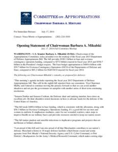 COMMITTEE on APPROPRIATIONS CHAIRWOMAN BARBARA A. MIKULSKI For Immediate Release: July 17, 2014