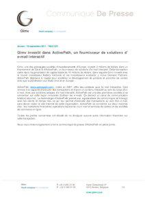 Anvers / 19 septembre[removed]7h30 CET  Gimv investit dans ActivePath, un fournisseur de solutions d’